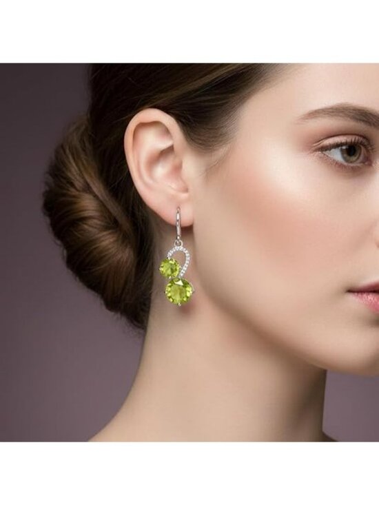 Peridot Cubic Zirconia Double Round Drop Dangle Earrings 925 Silver